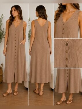 Sleeveless Tan Button-Down Dress